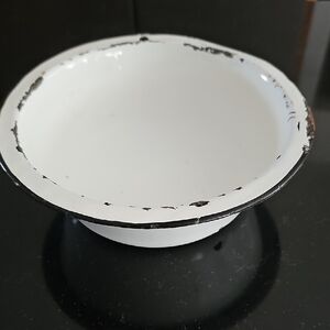 Vintage White Enamel Bowl with Black Trim